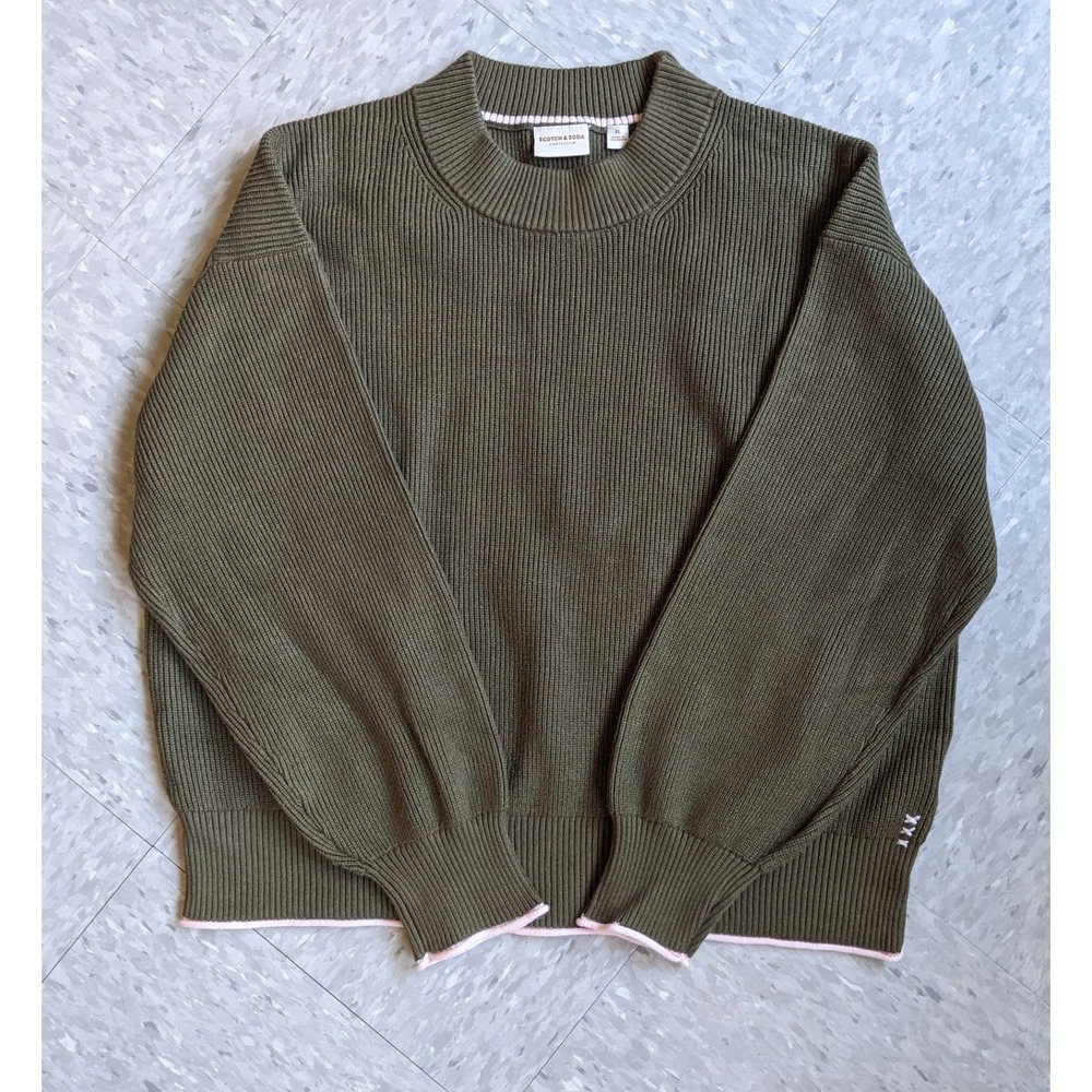 Scotch & Soda Ribbed Knit Sweater Olive Green Pink Trim XL 1920102
